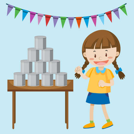 Little girl playing cans at the fair illustrationのイラスト素材