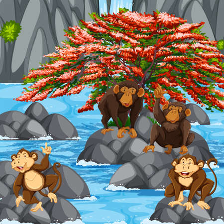 Four monkeys at the waterfall scene illustrationのイラスト素材