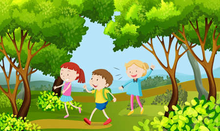 Three kids walking in the woods illustrationのイラスト素材