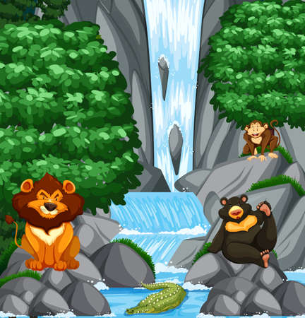 Waterfall scene with many wild animals illustrationのイラスト素材