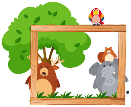 Border template with wild animals and tree illustrationのイラスト素材