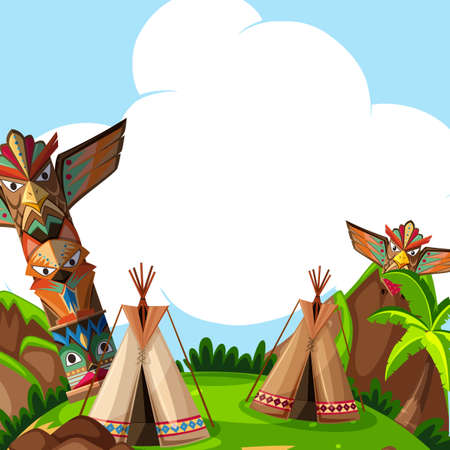 A Background scene with traditional tents and totem poles illustration