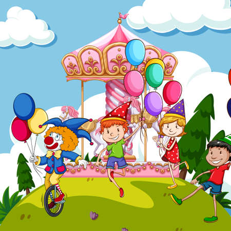 Scene with kids and clown at funpark illustrationのイラスト素材