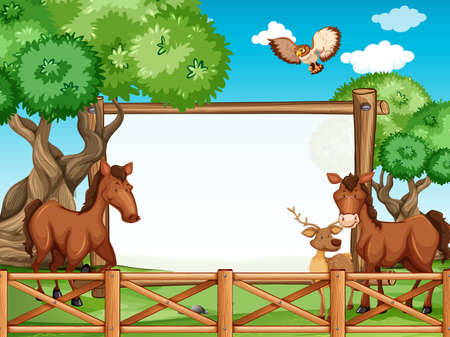 Wooden frame with horses and deer illustrationのイラスト素材