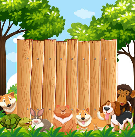 Wooden board with wild animals in garden illustrationのイラスト素材