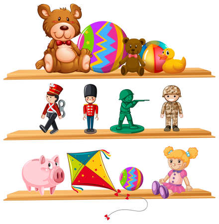 Cute toys on wooden shelves illustration.のイラスト素材