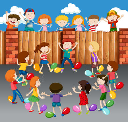 Kids playing balloons on street illustration.のイラスト素材
