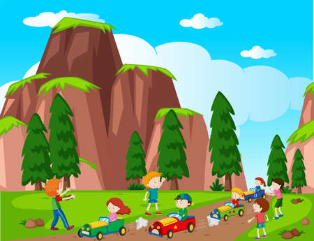 Park scene with kids racing car illustration.のイラスト素材