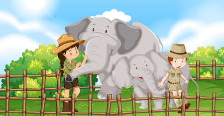 Two elephants and kids in the zoo illustrationのイラスト素材