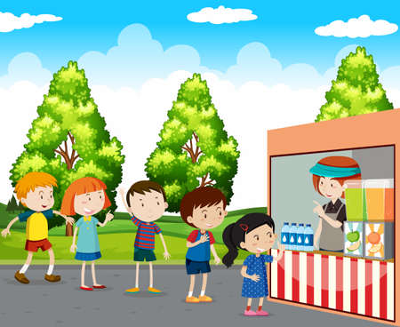 Children buying drinks in park illustrationのイラスト素材