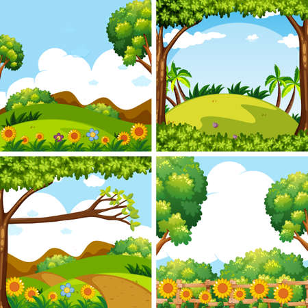 Four nature scenes with trees and fields illustration.のイラスト素材