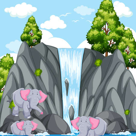Scene with elephants at the waterfall illustration.のイラスト素材