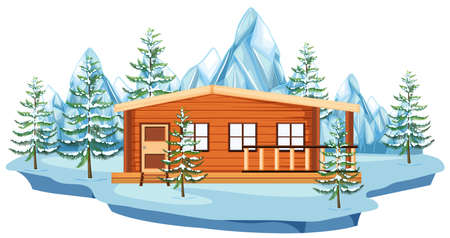 Wooden cottage in snow field illustration.のイラスト素材