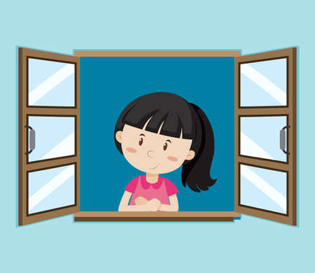 Happy girl by the window illustration.のイラスト素材