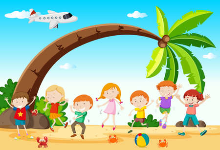 Children dancing on the beach illustration.のイラスト素材