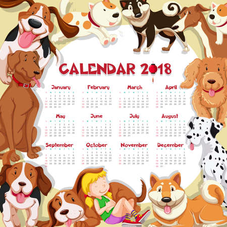 Calendar template for 2018 with many cute dogs illustration.のイラスト素材