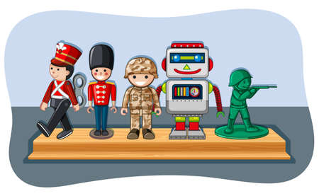 Soldier figures and robot on wooden shelf illustration.のイラスト素材