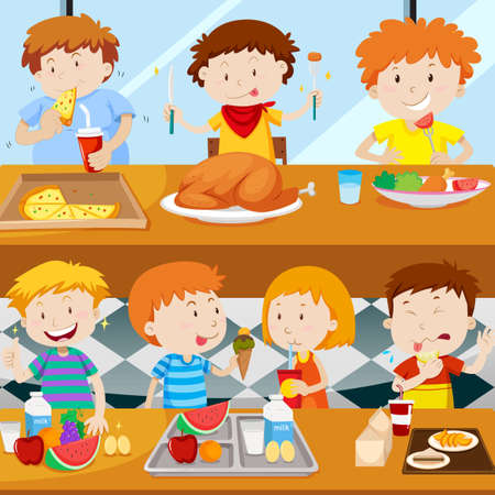 Many kids eating in the canteen illustration.のイラスト素材