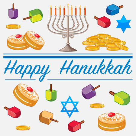 Happy Hanukkah card template with food and candles illustrationのイラスト素材