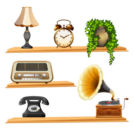 Vintage items on wooden shelves illustration.のイラスト素材