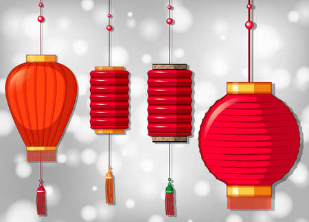 Four Chinese lanterns in different designs illustration.のイラスト素材