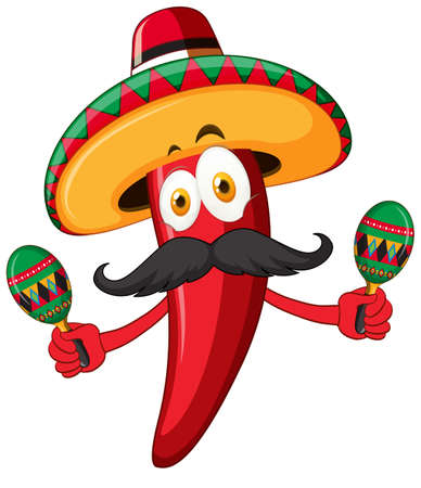 Red chili wearing hat and shaking maracas illustrationのイラスト素材