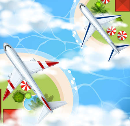 Two airplanes flying over the river park illustrationのイラスト素材