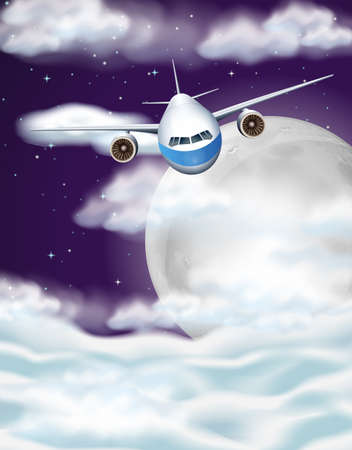 Airplane flying in sky at night time illustrationのイラスト素材