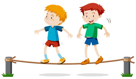 Two boys on balancing rope illustrationのイラスト素材