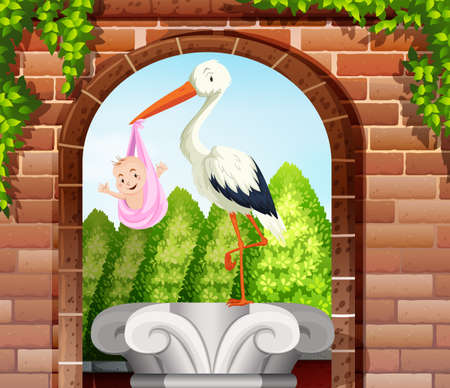 Baby wrapped in pink cloth and bird in garden illustrationのイラスト素材
