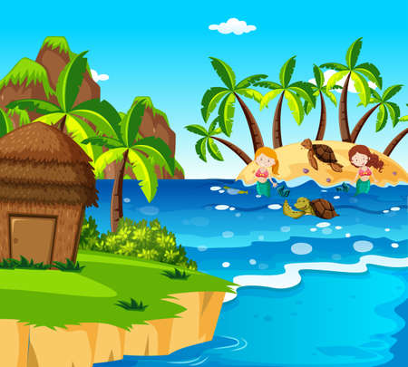 Mermaids and turtles on the island illustrationのイラスト素材