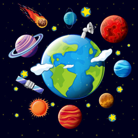 Planets and satellites around the earth illustration