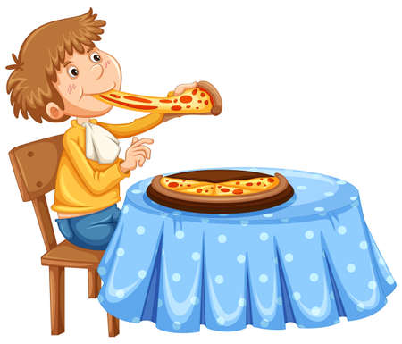 Man eating pizza on the table illustrationのイラスト素材