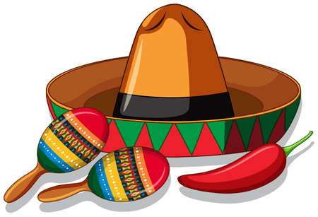Mexican hat and maracas on white background illustrationのイラスト素材
