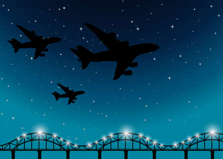 Background scene with airplanes flying at night illustrationのイラスト素材