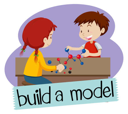 Word card for build a model with two students building models Vector illustration.