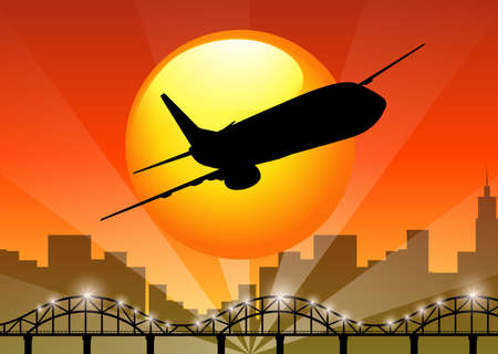 Silhouette view of airplane flying over the city illustrationのイラスト素材