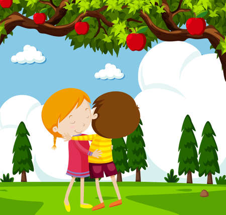 Boy and girl hugging under apple tree illustrationのイラスト素材