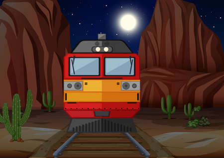 Train on the railroad at night time illustrationのイラスト素材