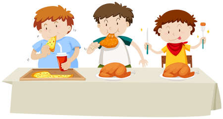 Three boys eating chicken and pizza at the dining table illustrationのイラスト素材