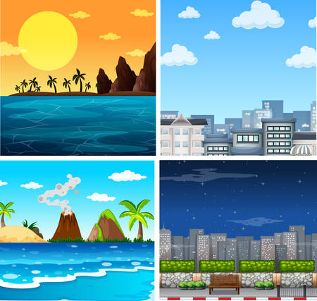 Four background scenes of ocean and city illustrationのイラスト素材