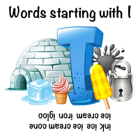 English worksheet for words starting with I illustration, with igloo, ice cream and iceのイラスト素材