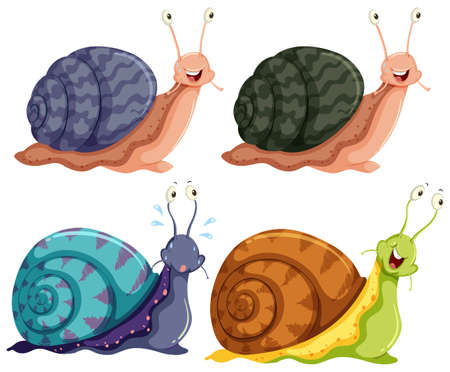 Isolated Four Colour Happy Snails illustrationのイラスト素材