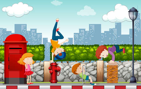 Kids are Playing on the Street Side illustrationのイラスト素材