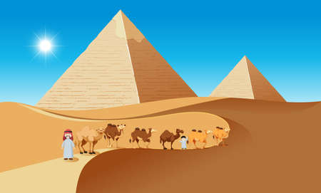 Desert scene with camels and people illustration