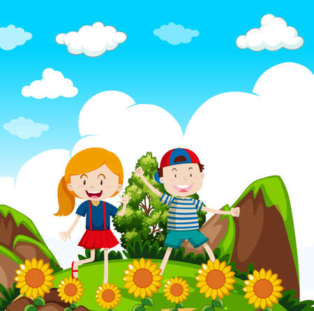 Kids Hiking in nature illustrationのイラスト素材