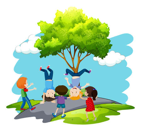 Kids are Playing in Nature illustrationのイラスト素材