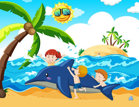 Kids and inflatable dolphin at the beach illustrationのイラスト素材