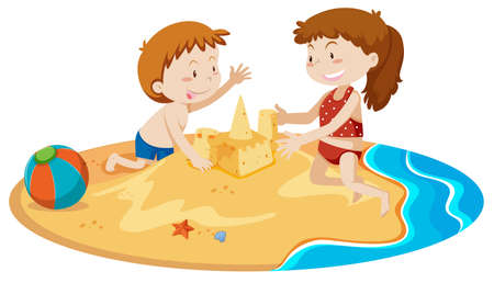 Boy and Girl Building Sand Castle illustrationのイラスト素材