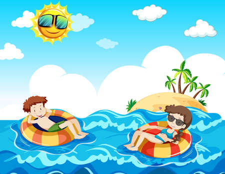 A Couple Taking Honeymoon at the Beach illustrationのイラスト素材